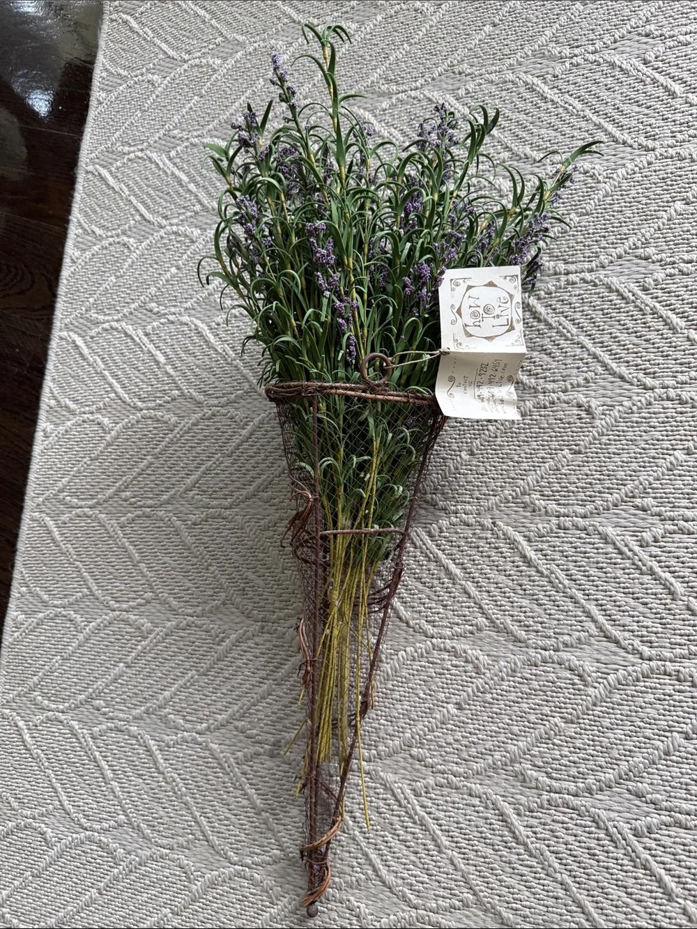 Rustic Wire and Twine Cone Hanging Bouquet Basket Faux Lavender Florals
